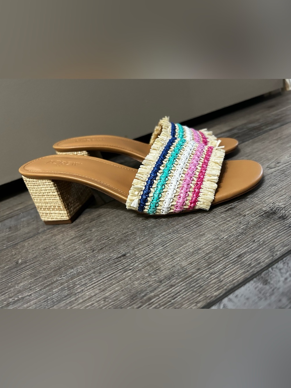 J.Crew woven raffia mule block heels sandals multi color fringe